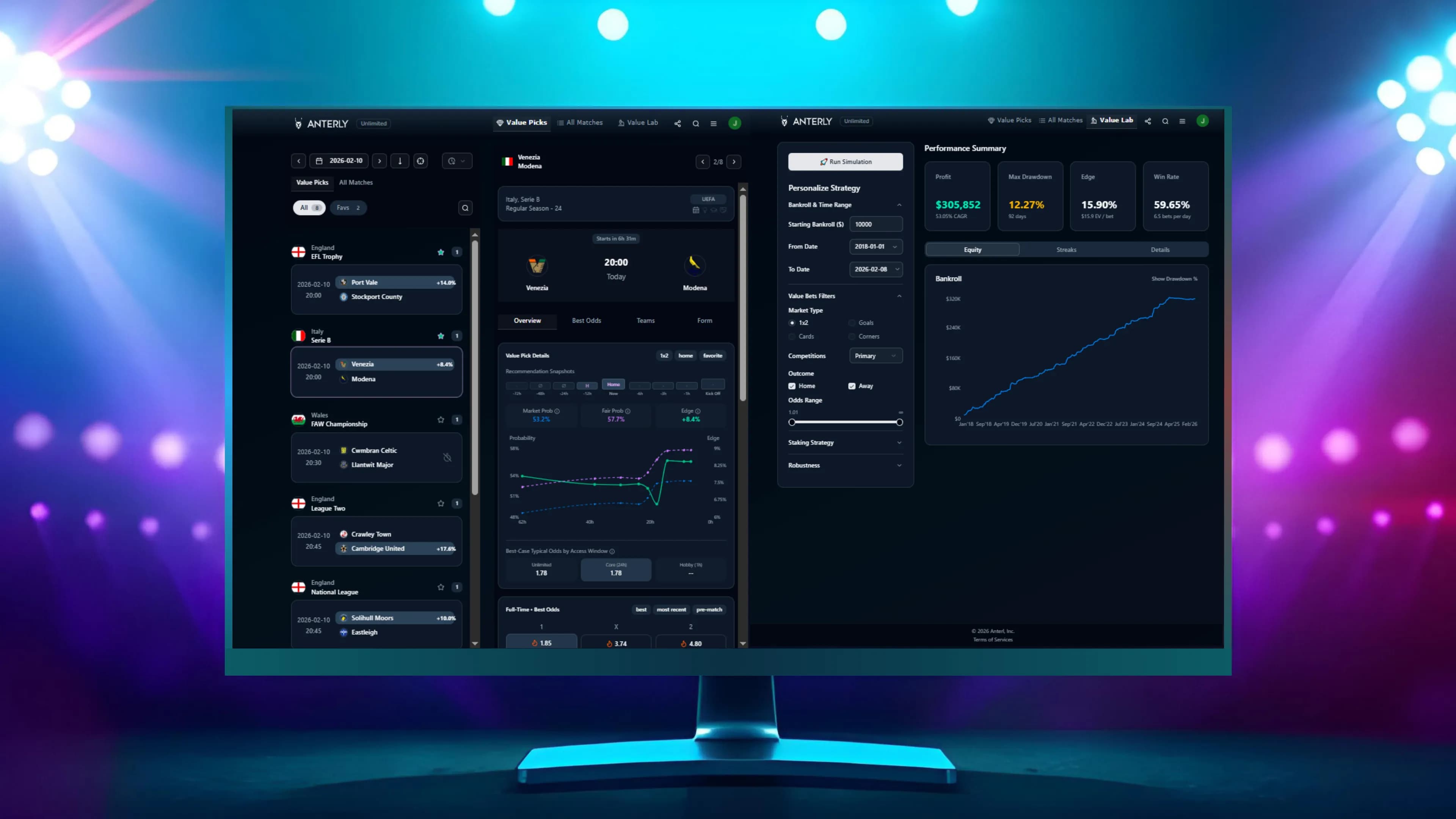 Screenshot of Anterly platform showing value bets and strategy simulator